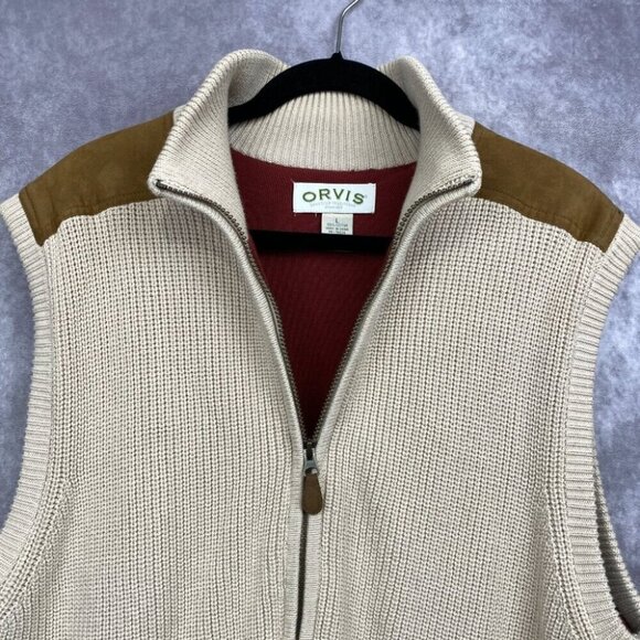 Orvis Signature Beige Knit Zip Sweater Vest W/Tan Patches Hunting Men's “L” - Picture 8 of 11